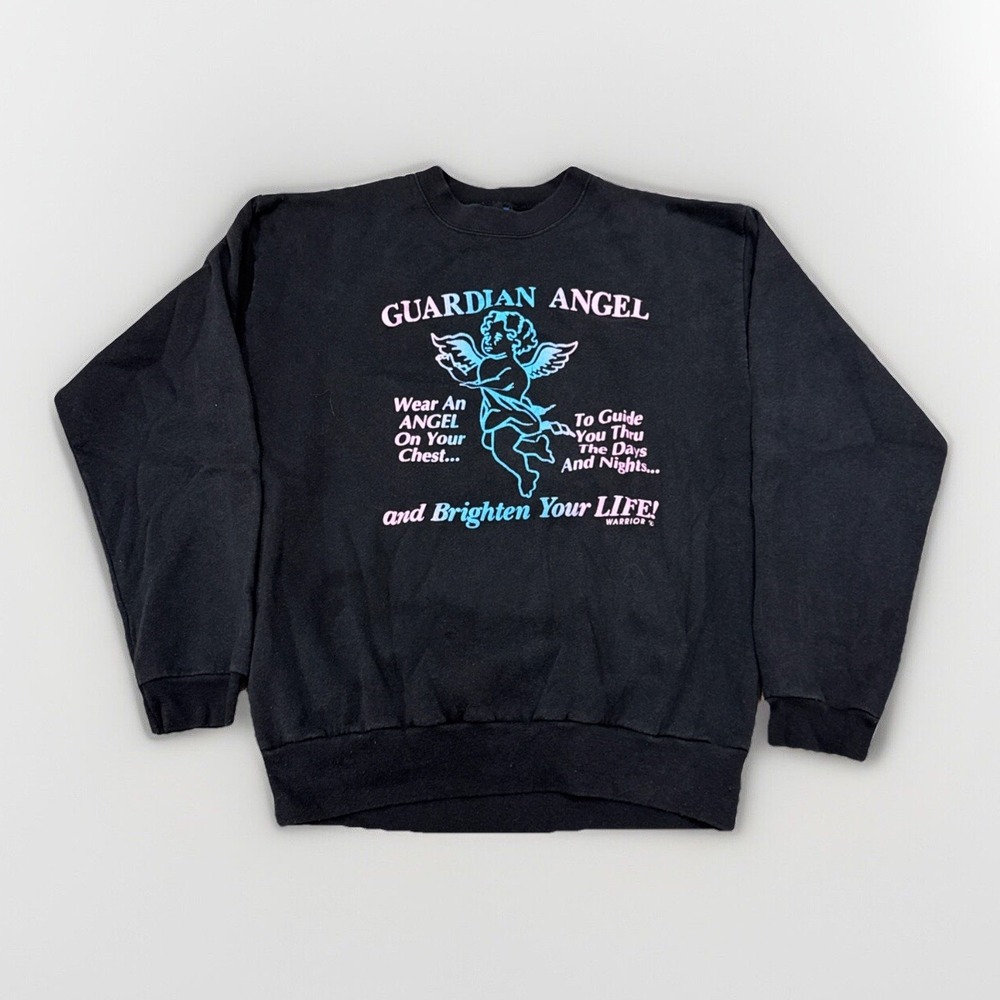 Vintage Jesus Sweatshirt Mens L‎ Guardian Angel 90s 80s God Christian Black